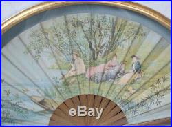 Guilt Framed Antique Painted Hand Fan Victorian C 19th E20th