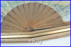 Guilt Framed Antique Painted Hand Fan Victorian C 19th E20th