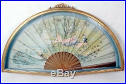 Guilt Framed Antique Painted Hand Fan Victorian C 19th E20th