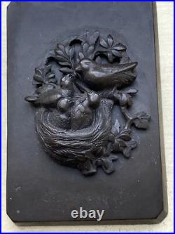Gutta Percha Plaque Birds Nest Hand Carved Victorian Belt/Box Part Antique