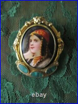 Gypsy Portrait Swivel Brooch, Victorian Hand-Painted Portrait Locket Brooch