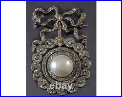 HAND-MADE NATURAL SILVER ANTIQUE ROSE CUT DIAMOND 4.08ct VICTORIAN PEARL BROOCH