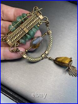 HUGE Antique Unusual Tigers Eye Aventurine Brass Hand Made Fringe Dangle Brooch
