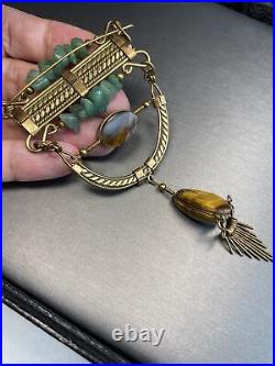 HUGE Antique Unusual Tigers Eye Aventurine Brass Hand Made Fringe Dangle Brooch