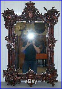 Hand Carved Ornate Mahogany Mirror With Armorial Crest Horns Animals Flowers Cow