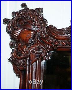 Hand Carved Ornate Mahogany Mirror With Armorial Crest Horns Animals Flowers Cow