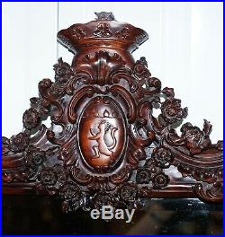 Hand Carved Ornate Mahogany Mirror With Armorial Crest Horns Animals Flowers Cow