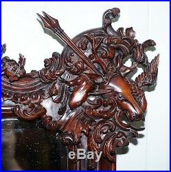 Hand Carved Ornate Mahogany Mirror With Armorial Crest Horns Animals Flowers Cow