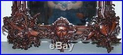 Hand Carved Ornate Mahogany Mirror With Armorial Crest Horns Animals Flowers Cow