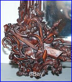 Hand Carved Ornate Mahogany Mirror With Armorial Crest Horns Animals Flowers Cow