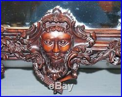 Hand Carved Ornate Mahogany Mirror With Armorial Crest Horns Animals Flowers Cow