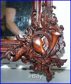 Hand Carved Ornate Mahogany Mirror With Armorial Crest Horns Animals Flowers Cow