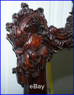 Hand Carved Ornate Mahogany Mirror With Armorial Crest Horns Animals Flowers Cow