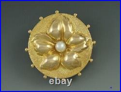 Hand Chased Victorian 14k Gold Pearl Flower Pin Brooch