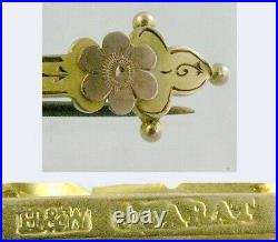Hand Crafted 9k Yellow Gold 1800s Victorian Flower Bow Heart Dangle Bar Pin