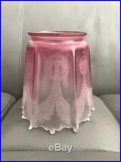 Hand Made Acid Etched Victorian Cranberry Glass Lamp Shade For Oil/Gas Lamp