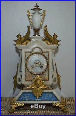 Hand Painted & Gold Gilt French Circa 1850 Victorian Alabaster Mantle Clock