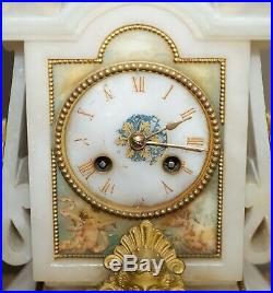 Hand Painted & Gold Gilt French Circa 1850 Victorian Alabaster Mantle Clock