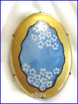 Hand Painted Oval Porcelain Victorian Forget Me Not Flower Floral Pin Brooch