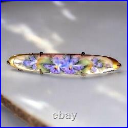 Hand Painted Porcelain Violets Portrait Bar Brooch Victorian Gold Filled Vintage