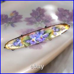 Hand Painted Porcelain Violets Portrait Bar Brooch Victorian Gold Filled Vintage