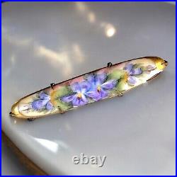 Hand Painted Porcelain Violets Portrait Bar Brooch Victorian Gold Filled Vintage