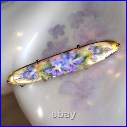 Hand Painted Porcelain Violets Portrait Bar Brooch Victorian Gold Filled Vintage