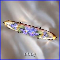 Hand Painted Porcelain Violets Portrait Bar Brooch Victorian Gold Filled Vintage