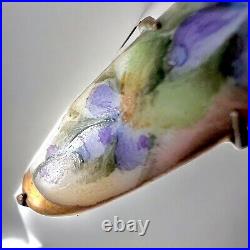 Hand Painted Porcelain Violets Portrait Bar Brooch Victorian Gold Filled Vintage