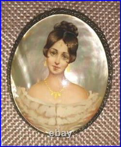 Hand Painted Portrait Mother Of Pearl Brooch Pin Victorian Lady Signed 2 x 1.75