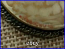 Hand Painted Portrait Mother Of Pearl Brooch Pin Victorian Lady Signed 2 x 1.75