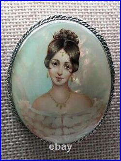 Hand Painted Portrait Mother Of Pearl Brooch Pin Victorian Lady Signed 2 x 1.75