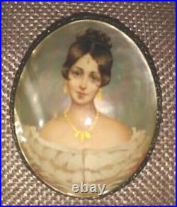 Hand Painted Portrait Mother Of Pearl Brooch Pin Victorian Lady Signed 2 x 1.75