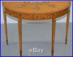 Hand Painted Satinwood Sheraton Revival Victorian Demi Lune Console Side Table