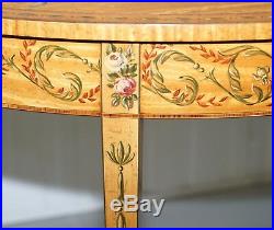 Hand Painted Satinwood Sheraton Revival Victorian Demi Lune Console Side Table