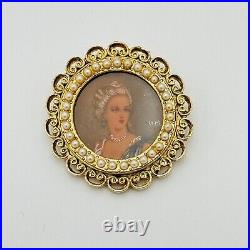 Hand Painted Victorian Portrait Brooch Pendant With Pearl Boarder Signed Vintage