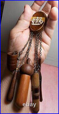 Hand Turned Wood Sewing Chatelaine Neckl Acorn Needle Case, Antique Etui Thimble