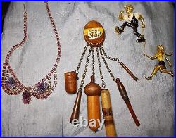 Hand Turned Wood Sewing Chatelaine Neckl Acorn Needle Case, Antique Etui Thimble