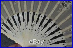Hand fan Victorian hand painted lace white carved bovine bone antique 1800 19thc