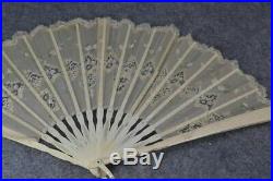 Hand fan Victorian hand painted lace white carved bovine bone antique 1800 19thc