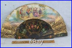 Hand fan hand painted lacquer reversible romantic renaissance Victorian antique