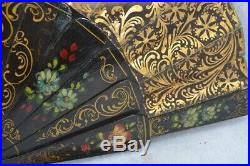 Hand fan hand painted lacquer reversible romantic renaissance Victorian antique