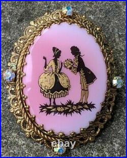 Hand-painted, Vintage Serenade Scene Cameo Victorian Brooch Aurora Rhinestones