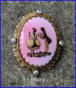 Hand-painted, Vintage Serenade Scene Cameo Victorian Brooch Aurora Rhinestones