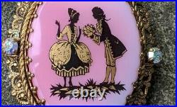 Hand-painted, Vintage Serenade Scene Cameo Victorian Brooch Aurora Rhinestones