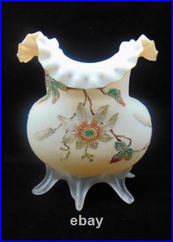 Harrach Antique Victorian Passion Flower Art Glass Vase Hand Painted Sandy Frit
