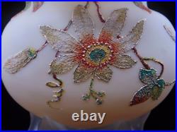 Harrach Antique Victorian Passion Flower Art Glass Vase Hand Painted Sandy Frit