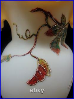 Harrach Antique Victorian Passion Flower Art Glass Vase Hand Painted Sandy Frit