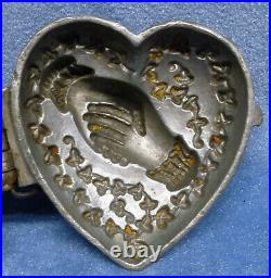 Heart Clasped Hands Pewter Ice Cream Mold Antique Victorian