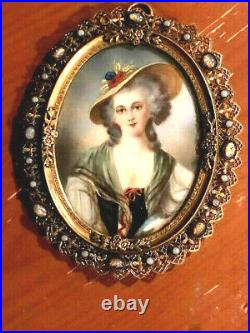 Henrietta of France Victorian period hand painted enamel on gilded bronze broach